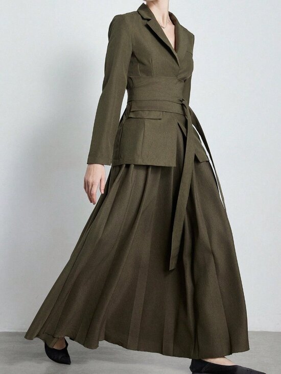 Jackets & Blazers - Green Elegant Women's Notched Collar Long Sleeve Blazer & Skirt Set